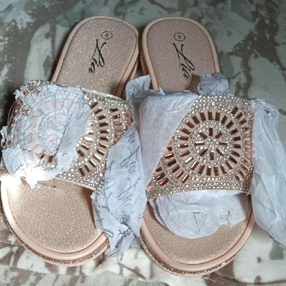 Embellished Rose Gold Slide Sandals with Beaded Medallion